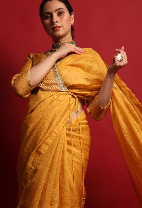 Shop Embroidered Wrap Blouse in Turmeric Yellow Chanderi Handloom | Vinusto