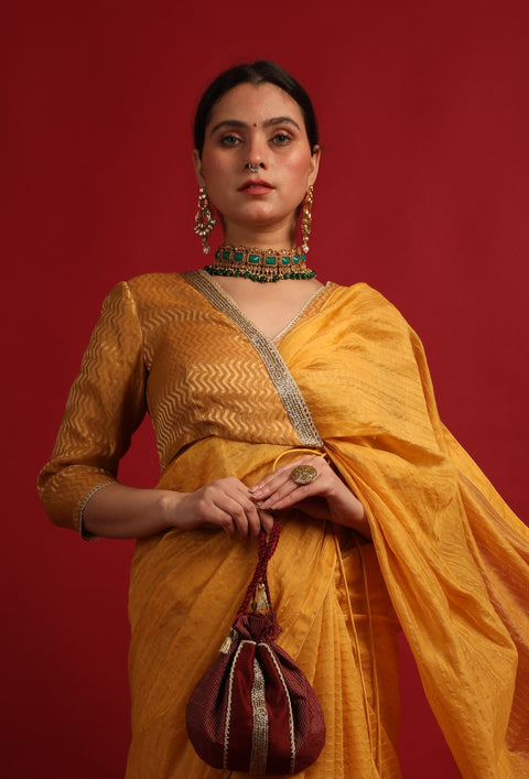 Buy Embroidered Wrap Blouse in Turmeric Yellow Chanderi Handloom | Vinusto