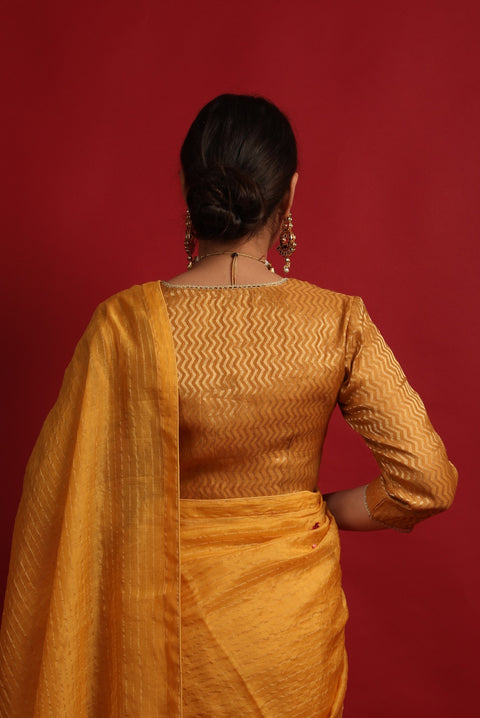 Luxury Embroidered Wrap Blouse in Turmeric Yellow Chanderi Handloom | Vinusto