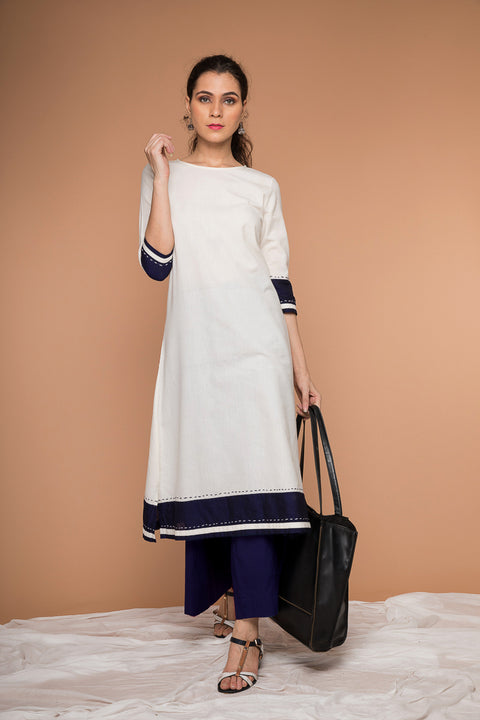 Shop Off-White Color Block A-Line Kurta & Midnight Blue Cotton Palazzo - Set of 2 | Vinusto