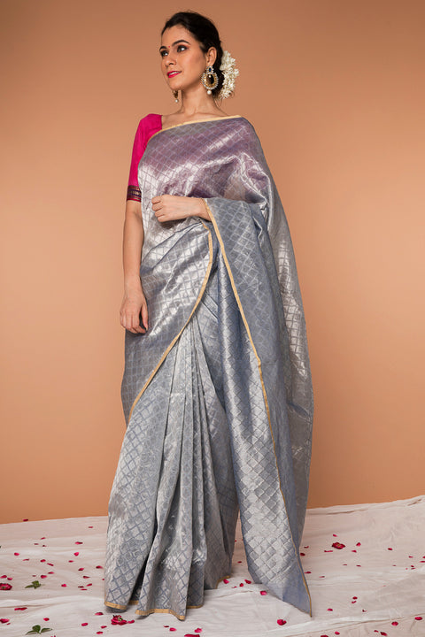 Shop Handwoven Zari Saree in Silver & Gold - Vinusto

