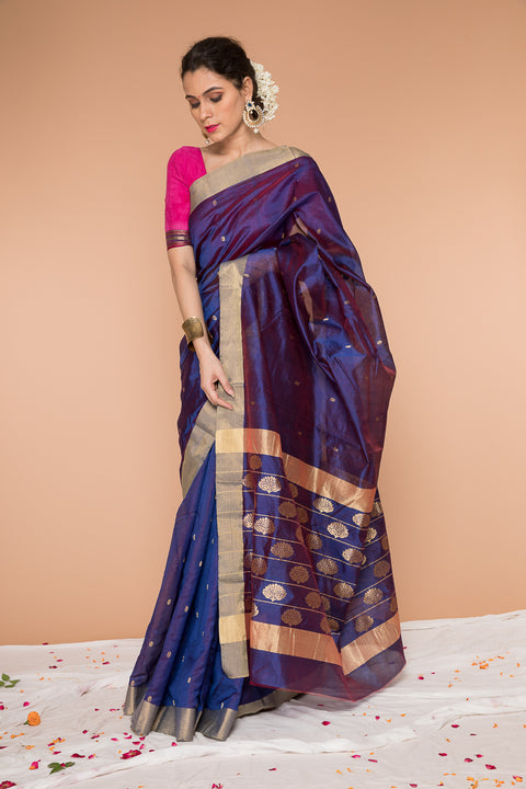 Shop Handwoven Silk Saree in Midnight Blue - Vinusto

