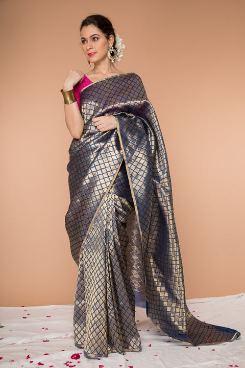Shop Handwoven Zari Saree in Gold & Royal Blue - Vinusto

