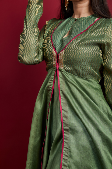 Beautiful Olive Green Layered Anarkali & Palazzo Set in Chanderi Handloom (Set of 3) - By Vinusto