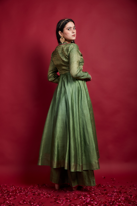 Buy Olive Green Layered Anarkali & Palazzo Set in Chanderi Handloom (Set of 3) - By Vinusto