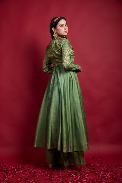 Olive Green Layered Anarkali & Palazzo Set in Chanderi Handloom (Set of 3)