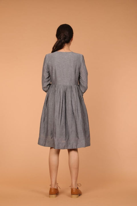 Premium V-Neck Gathered Tunic in Handwoven Slate Grey Cotton | Vinusto