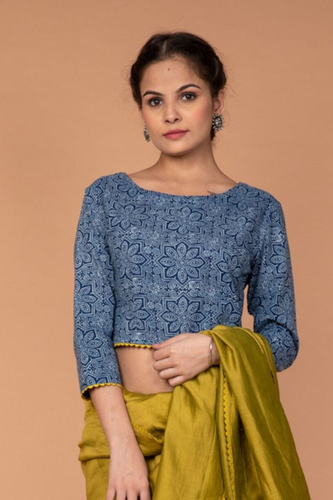 Shop Cotton Hand Block Printed Blouse in Indigo | Vinusto