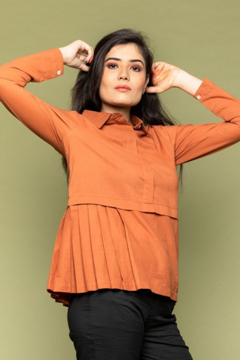 Order Terracotta Brown Half Pleated Cotton Top | Vinusto