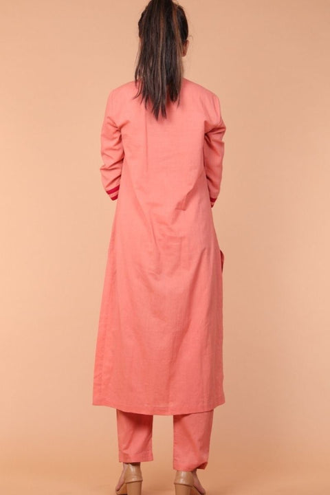 Premium Pleated Cotton Kurta & Straight Pants in Coral - Set of 2 | Vinusto

