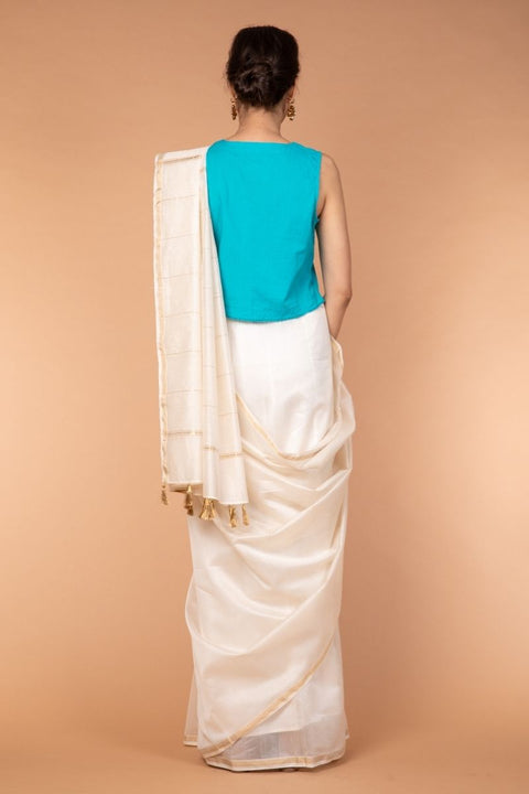 Premium Woven Chanderi Sari in Off-White with Aqua Cotton Blouse | Vinusto