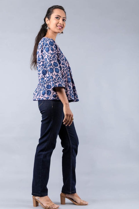 Order Pleated Top in Blush Pink & Indigo Hand Block Printed Cotton | Vinusto