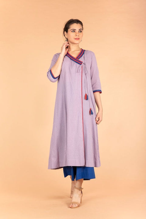 Angarakha Kurta in Lilac Textured Cotton with Cobalt Blue Palazzo (Set of 2)