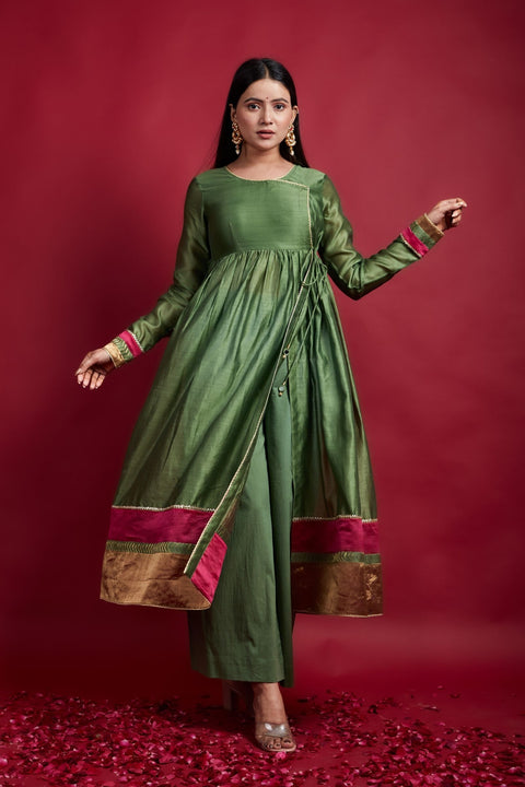 Buy Gathered Wrap Anarkali Kurta with Pants in Chanderi Handloom (Set of 2) - By Vinusto
 