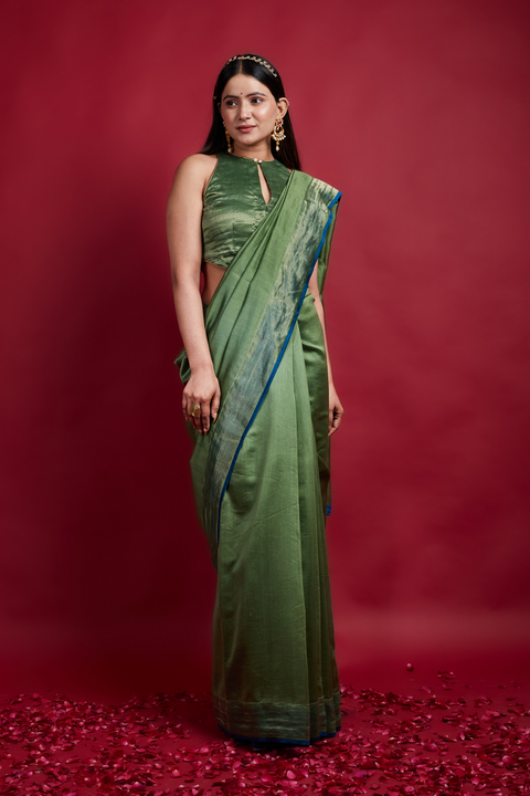 Shop Olive Green Saree with Gold Stripes in Chanderi Handloom – Set of 2

