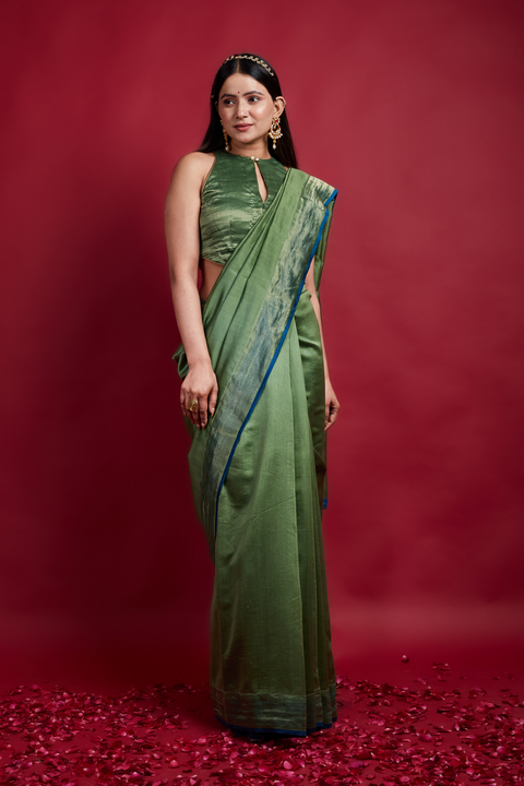 Olive Green & Gold Stripes Saree in Chanderi Handloom