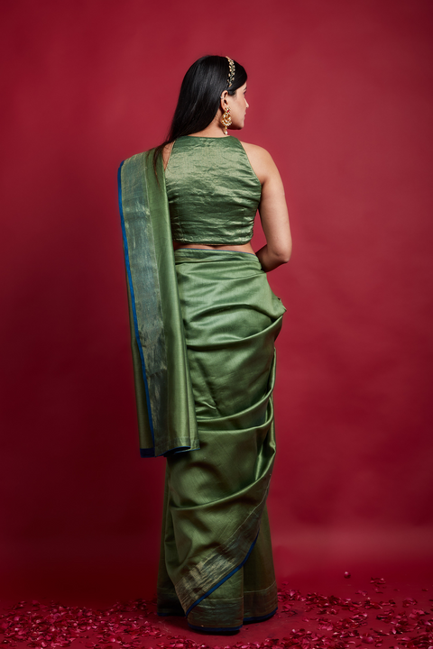 Premium Olive Green Saree with Gold Stripes in Chanderi Handloom – Set of 2

