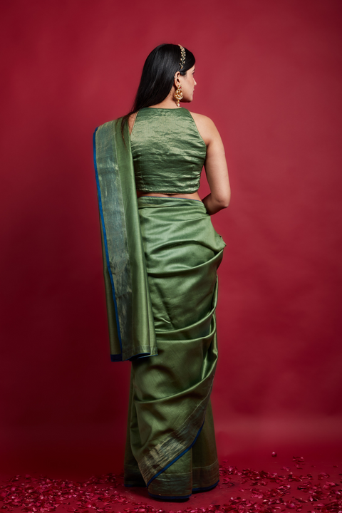 Olive Green & Gold Stripes Saree in Chanderi Handloom