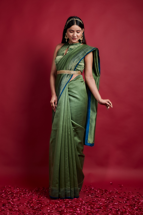 Buy Olive Green Saree with Gold Stripes in Chanderi Handloom – Set of 2

