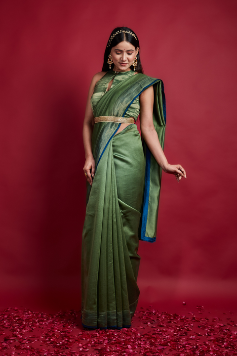 Olive Green & Gold Stripes Saree in Chanderi Handloom