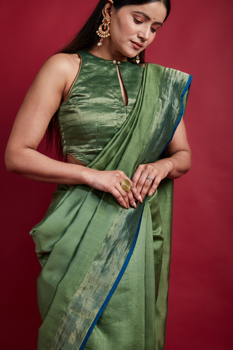 Order Olive Green Saree with Gold Stripes in Chanderi Handloom – Set of 2

