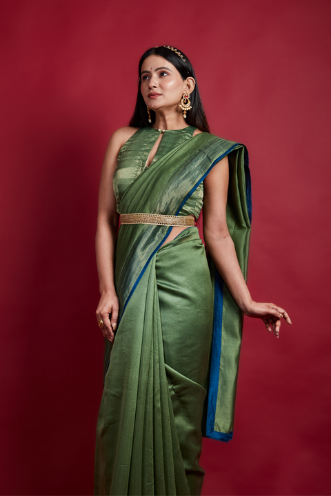Luxury Olive Green Saree with Gold Stripes in Chanderi Handloom – Set of 2


