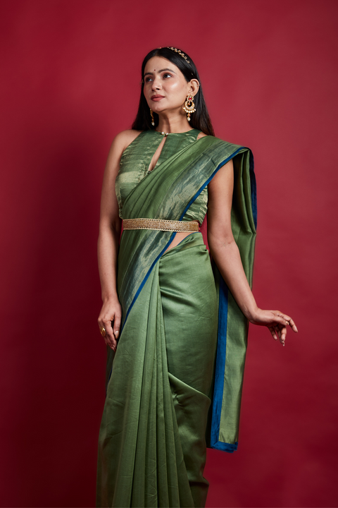 Olive Green & Gold Stripes Saree in Chanderi Handloom