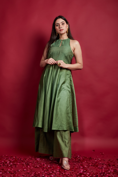 Shop Olive Green Halter neck Anarkali with Palazzo in Chanderi Handloom (Set of 2) - By Vinusto
