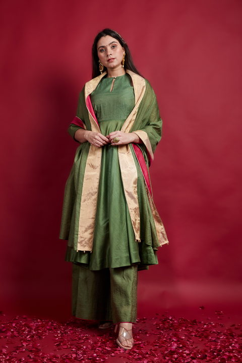 Buy Olive Green Halter neck Anarkali with Palazzo in Chanderi Handloom (Set of 2) - By Vinusto
