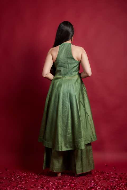 Order Olive Green Halter neck Anarkali with Palazzo in Chanderi Handloom (Set of 2) - By Vinusto
