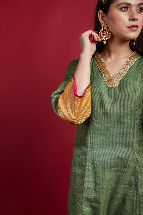Luxury V Neck Embroidered Zari Striped Kurta & Dupatta with Pants in Olive Green Chanderi (Set of 2) -  By Vinusto
