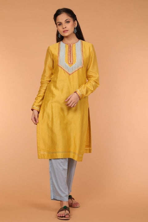 Straight Kurta with Yoke Details  in Yellow Chanderi Silk