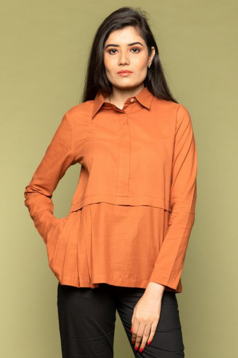 Shop Terracotta Brown Half Pleated Cotton Top | Vinusto