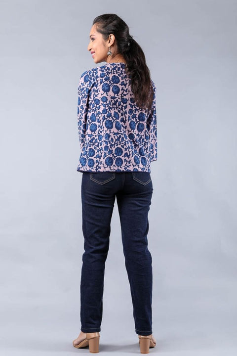 Handcraft Pleated Top in Blush Pink & Indigo Hand Block Printed Cotton | Vinusto