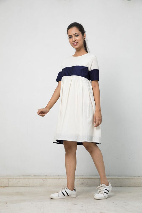 Luxury Colour Blocked Dress in Off-White Handloom Cotton | Vinusto