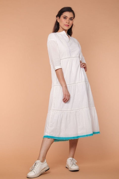 Shop Cotton Tier Dress with Lace in White | Vinusto