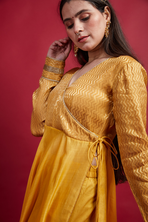 Beautiful Turmeric Yellow Anarkali Kurta & Dupatta in Chanderi Handloom with Cotton Palazzo - By Vinusto