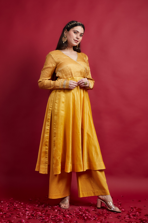 Shop Turmeric Yellow Anarkali Kurta with Cotton Palazzo (Set Of 2) - By Vinusto