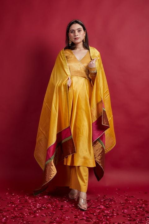 Turmeric Yellow Anarkali Kurta & Dupatta in Chanderi Handloom with Cotton Palazzo (Set Of 3)