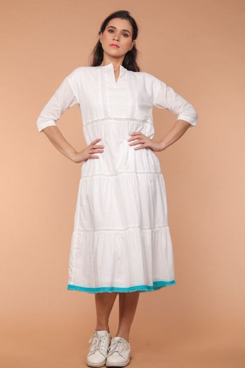 Buy Cotton Tier Dress with Lace in White | Vinusto