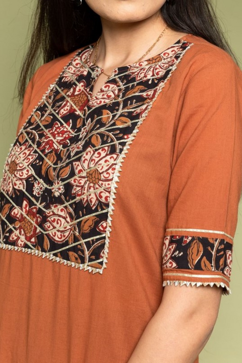 Premium Terracotta Brown Printed Yoke Cotton Kurta with Black Cotton Pants - Set of 2

