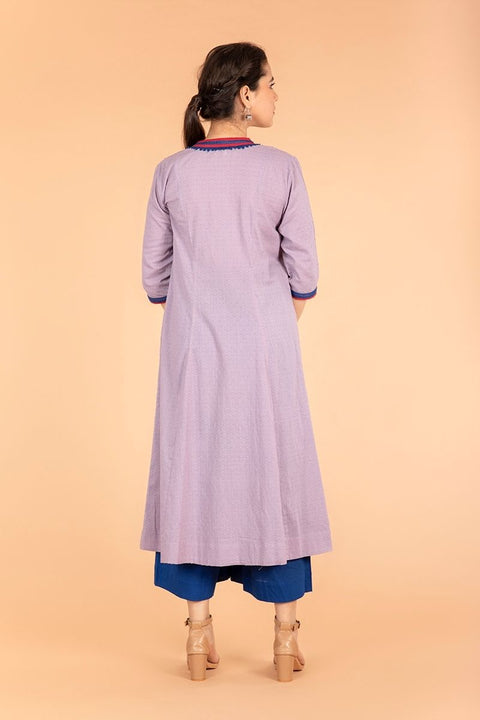Premium Angarakha Kurta in Lilac Textured Cotton with Cobalt Blue Palazzo (Set of 2) - By Vinusto
