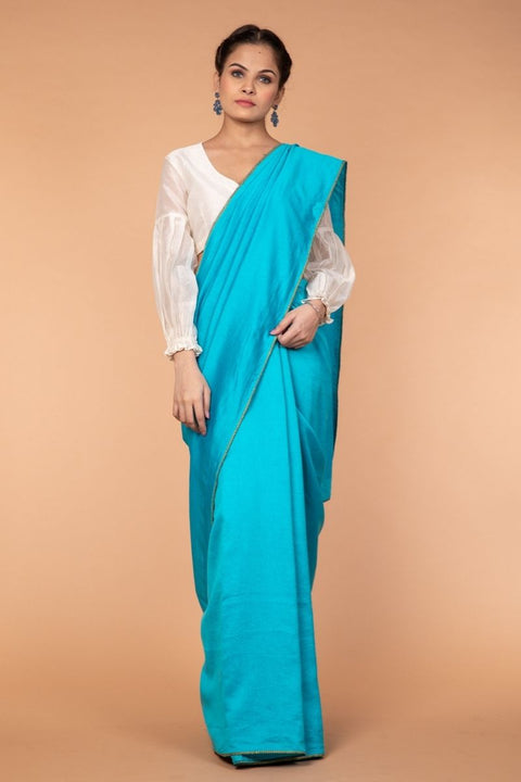 Handcrafted Chanderi Silk Saree in Aqua with Gold Lace