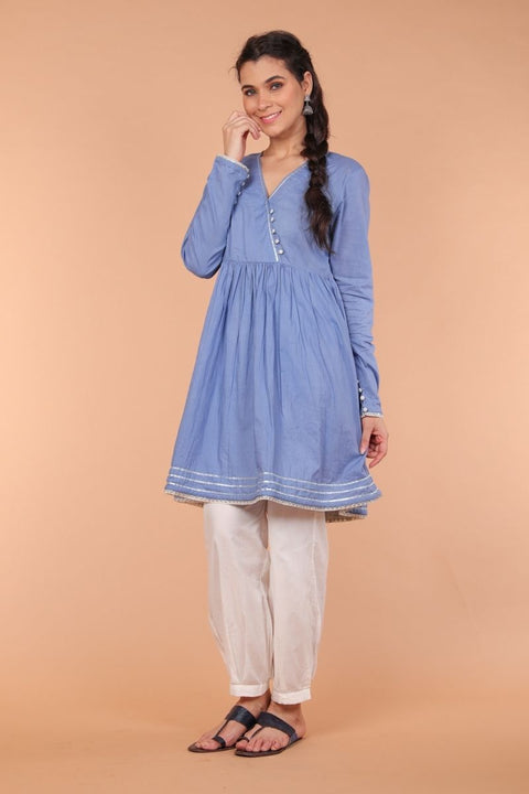 Buy Cotton Suit Set with Gota Details in Oxford Blue & White – Set of 2

