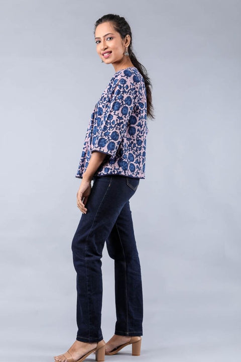Luxury Pleated Top in Blush Pink & Indigo Hand Block Printed Cotton | Vinusto