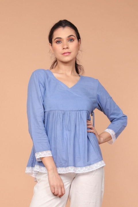Order Angarakha Gathered Top in Oxford Blue Cotton | Vinusto