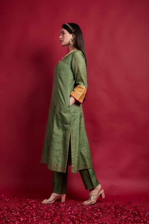 Premium V Neck Embroidered Zari Striped Kurta & Dupatta with Pants in Olive Green Chanderi (Set of 2) -  By Vinusto