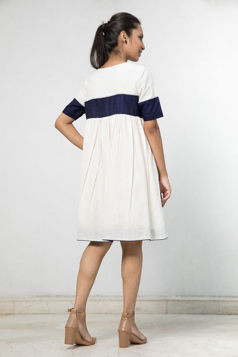 Premium Colour Blocked Dress in Off-White Handloom Cotton | Vinusto