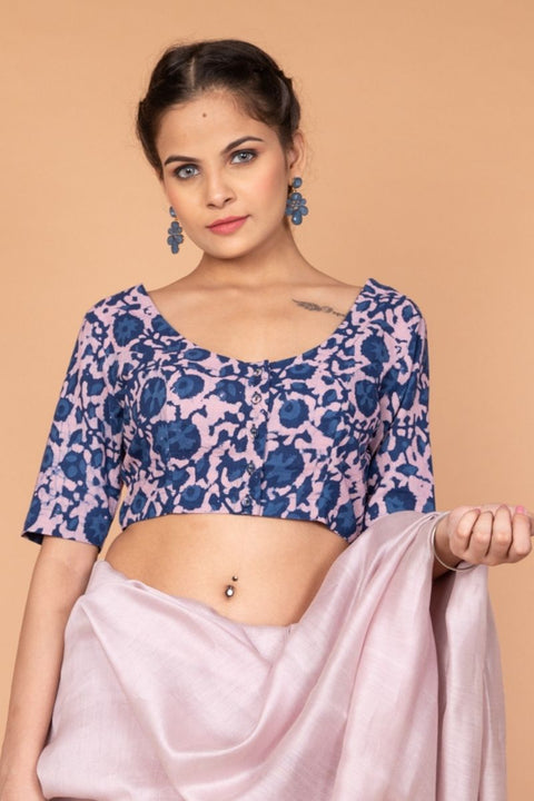 Order Woven Chanderi Sari in Onion Pink with Hand Block Printed Cotton Blouse in Indigo | Vinusto