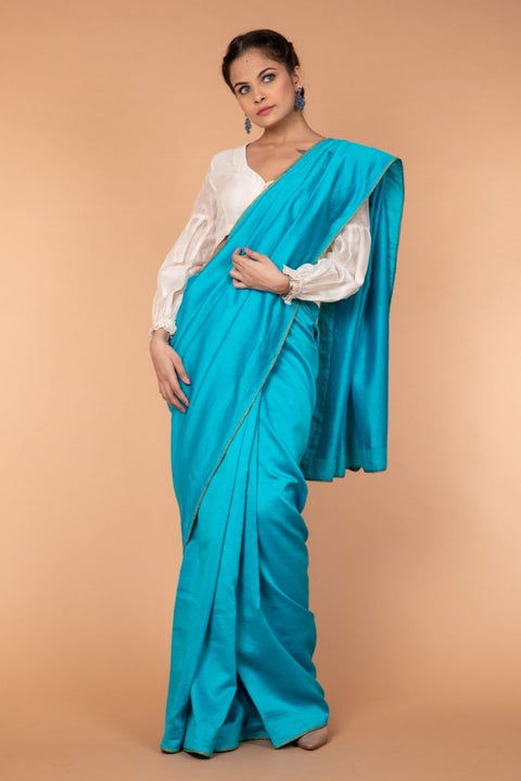 Shop Handcrafted Chanderi Sari in Aqua with Balloon Sleeve Chanderi Blouse in Off-White | Vinusto